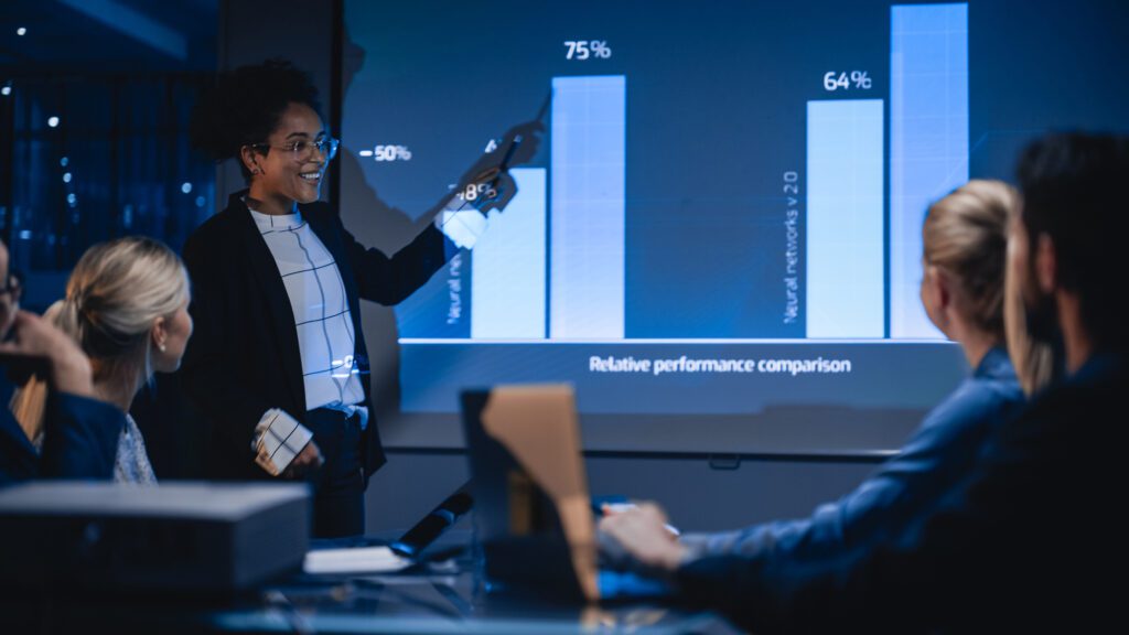 Business presentation showing relative performance comparison with bar graphs.