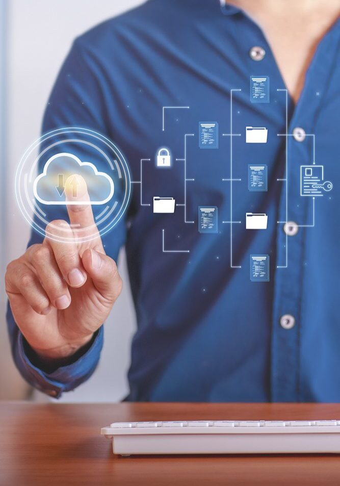 Person interacting with digital cloud interface.