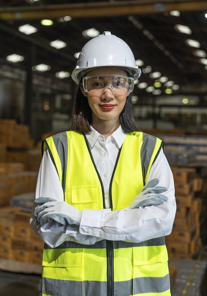 Woman in safety gear in warehouse.